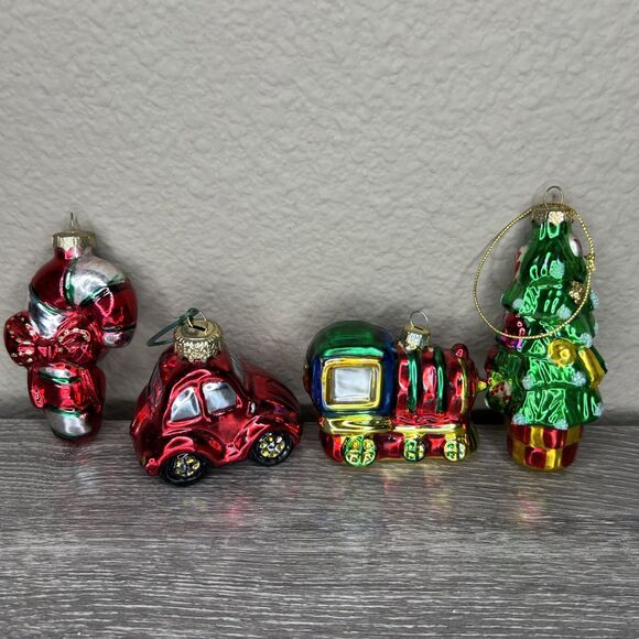 Lot Of 4 Hand Blown Glass Christmas Ornaments Tree, Train, Car, Candy Cane - Picture 1 of 4